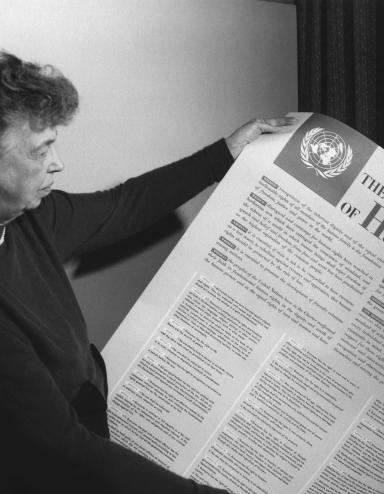 Une personne tient une grande feuille de papier recouverte de texte et dont le gros titre est « The Universal Declaration of Human Rights. » Partially obscured.