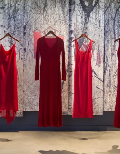 Six robes rouges sont suspendues à des cintres devant une toile de fond. Cette toile de fond montre l’image d’une forêt de bouleaux dans laquelle d’autres robes rouges sont suspendues. Partially obscured.