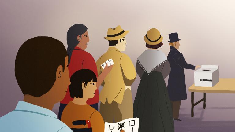 An illustration of people in line waiting to vote. The man in front places his ballot in the box on the table. Partially obscured.