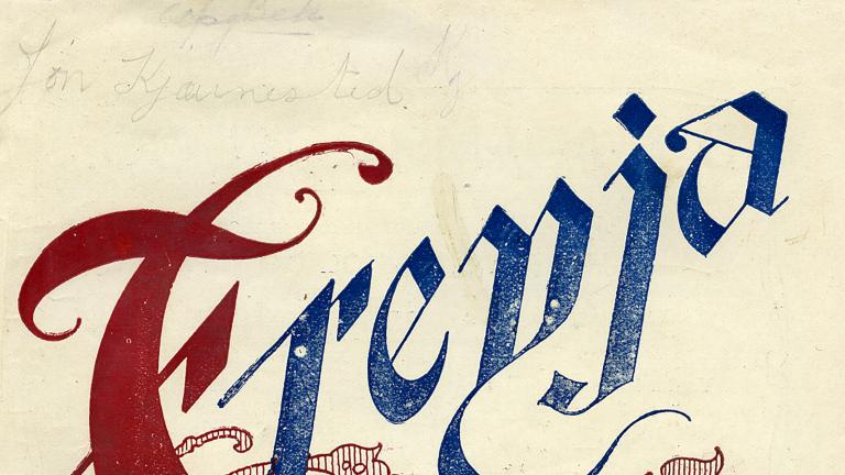 The cover of an issue of the magazine Freyja. The cover is features blue and red ink on white paper. The writing on the cover is mostly Icelandic, although there is also a small amount of English. On the left side of the cover there is a drawing of a woman holding a banner.