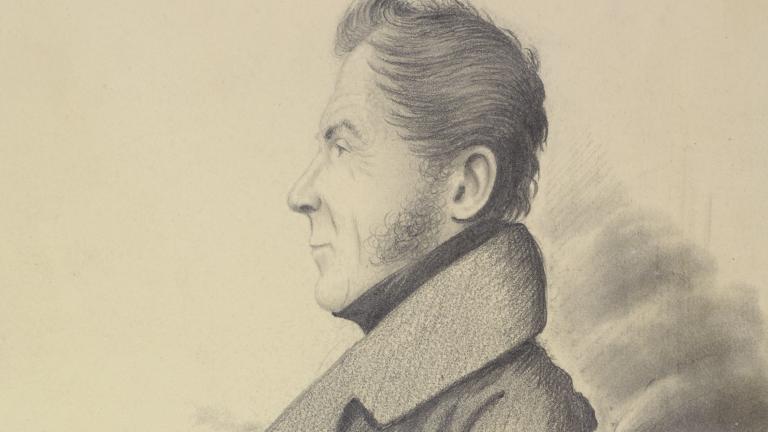 A head-and-shoulders profile drawing of Wolfred Nelson. He is wearing a coat with a large collar and has large sideburns. 