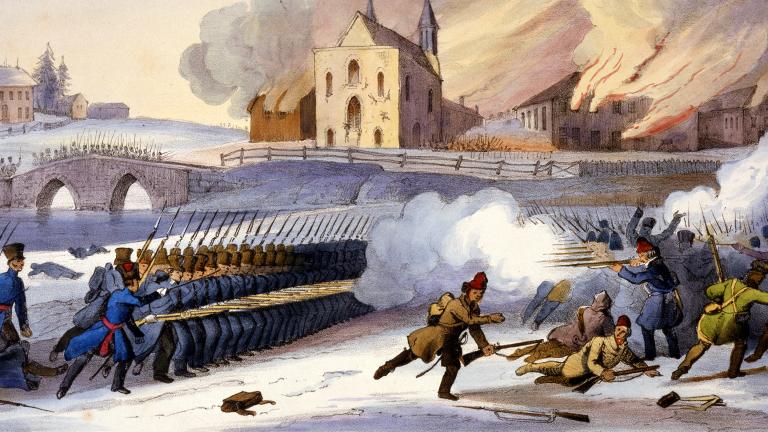 A painting of a battle. On the left, a line of soldiers are shooting at a disorganized group of rebels on the right, some of whom are running away. In the background, other soldiers are marching across a stone bridge and several buildings are on fire.
