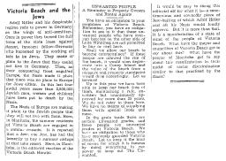 A newspaper clipping from the Winnipeg Free Press denouncing racial discrimination contained in a Victoria Beach Herald editorial.