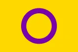 A yellow flag with a purple circle outline in the centre.