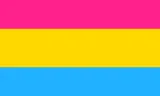 A flag of horizontal stripes, from top to bottom: pink, medium yellow and blue.