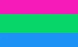 A flag of horizontal stripes, from top to bottom: pink, green and blue.