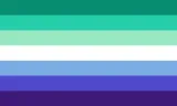 A flag of narrow horizontal stripes, from top to bottom: dark green, medium green, light green, white, light blue, medium blue and navy blue.