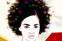 Graphic image of a woman with butterflies in her hair.