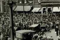 A large crowd gathered on a street
