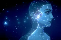 A digitized image of the blue head of a virtual woman.