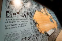 A museum exhibition wall features an illustrated mural of diverse figures and the title, “The Canadian Charter of Rights and Freedoms / La Charte canadienne des droits et libertés.” The mural transitions from black illustrations of people into an orange section with key rights and freedoms in both English and French in the shape of the Canadian Map.