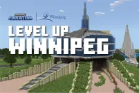 A graphic rendering of the exterior of the Museum with the text "Level Up Winnipeg" laid overtop.
