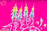 An artistic drawing of four narrow, multicoloured evergreens that flow into fluid line drawings of humans.