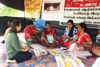 In the Sri Lankan city Vavuniya in 2017, Elaine Pearson meets with Tamil mothers protesting the enforced disappearance of their children during Sri Lanka's civil war.