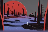 A graphic image showing a dystopic scene of a post-nuclear blast, with toppled trees and barren streets.