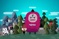 Cartoon drawing of a three-eyed pink monster and two human figures in front of a landscape of trees, buildings and mountains.