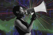 A woman enthusiastically holding a megaphone at the centre of the image is encircled by multicoloured rays over a mottled blue and green background.