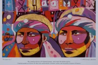 A poster featuring large artwork depicting two faces in dramatic colours and patterns, with background imagery including hands, standing figures and geometric shapes. A large title at the top reads “The 10th Annual International Two Spirit Gathering” and text at the bottom reads “August 27-31, 1997. Onamia, Minnesota.”