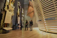 People in a Museum gallery explore tall wooden panels with wildlife and Métis beadwork. There are curved horizontal wooden slats to the right.