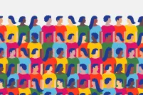Graphic illustration of rows of people in colourful t-shirts looking at one another.