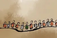 An illustration of several women standing in a line holding hands.
