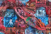 A graphic image of 24 mosaic tiles depicting Métis experiences in colonial schooling systems. Together the images show a red infinity symbol on a blue background.