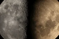 Composite image comparing greayscale (left) and natural color (right) views of the same lunar hemisphere.