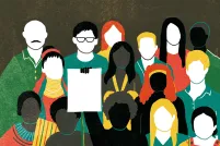 Drawing of a diverse group of people, one of whom holds up a blank page meant to symbolize the Declaration.