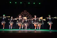 Thirteen Irish dancers dressed in short, black dresses are holding brooms across their chest.
