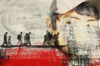 A young man with dark hair and a cap, whose head is turned to the right as if to check behind him is superimposed over a painting of adults and children walking along a darkened path with luggage.