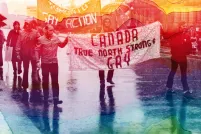 Monochromatic image in rainbow colours of a gay rights protest in Ottawa.