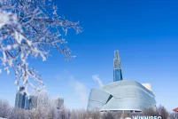 An outdoor winter scene with an exterior view of the Canadian Museum for Human Rights, other buildings in the distance and trees covered in frost.