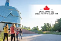 A group of people walk towards a glass building surrounded by greenery. At the top of the image, we can read "Canada Strong Pass" in English and French.