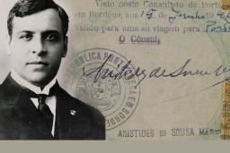 A black and white image of a man, Aristides de Sousa Mendes, superimposed over an old passport.