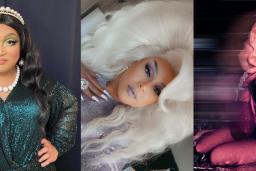 Drag queen with long, wavy black hair wears a tiara and necklace with large white pearls and a glittery emerald green dress. Drag queen with big platinum-blond hair is dressed in a silver, sequined dress. Drag queen with shoulder-length blond hair sits wearing a purple velvet dress.