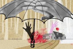 A digital collage with a large drawing of an umbrella overlaid with images of large overlapping hands. Below it, two hands (one black, one pink) reach up and away from a stylized road leading to a distant house partially overlaid with a pixelated, cloudy stain of red colour. In the background is an image of a forest of white tree trunks and a faint yellow sun.
