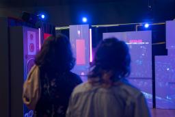 Two visitors, seen from behind, view a series of exhibition panels that show a large crowd at a rock concert.