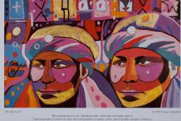 A poster featuring large artwork depicting two faces in dramatic colours and patterns, with background imagery including hands, standing figures and geometric shapes. A large title at the top reads “The 10th Annual International Two Spirit Gathering” and text at the bottom reads “August 27-31, 1997. Onamia, Minnesota.”
