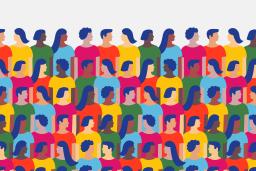 Graphic illustration of rows of people in colourful t-shirts looking at one another.