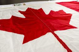 A close-up image of a Canadian flag, with a focus on the red maple leaf.