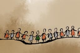 An illustration of several women standing in a line holding hands.