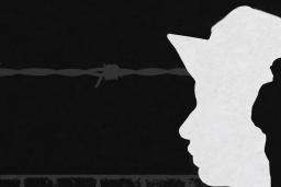 The silhouette of a soldier is shown inside the outline of a child’s profile, with barbed wire and a wall in the background.