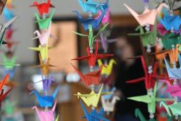 Colourful paper origami cranes hang in vertical rows.