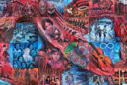 A graphic image of 24 mosaic tiles depicting Métis experiences in colonial schooling systems. Together the images show a red infinity symbol on a blue background.