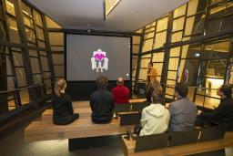 A small group of people sitting on wooden benches in a theatre face a screen showing an older woman seated in a chair. A man in a yellow shirt is standing to the right of the screen holding a microphone.
