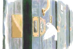An simple illustration of a white hummingbird picking the lock of a door and opening it. The door is in a row of doors.