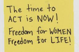Piece of cloth with "The time to act is NOW! Freedom for WOMEN Freedom for LIFE!" written.