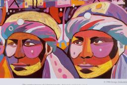 A poster featuring large artwork depicting two faces in dramatic colours and patterns, with background imagery including hands, standing figures and geometric shapes. A large title at the top reads “The 10th Annual International Two Spirit Gathering” and text at the bottom reads “August 27-31, 1997. Onamia, Minnesota.”