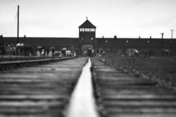 Train tracks lead to a distant building recognizable as the Auschwitz-Birkenau gate house.