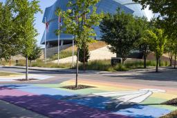 Pride flag pedestrian crosswalk across from the Canadian Museum for Human Rights.